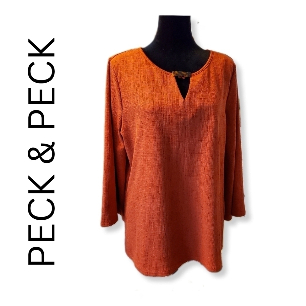 Peck & Peck Women's Burnt Orange V Neck Bell Sleeve Top Sz L